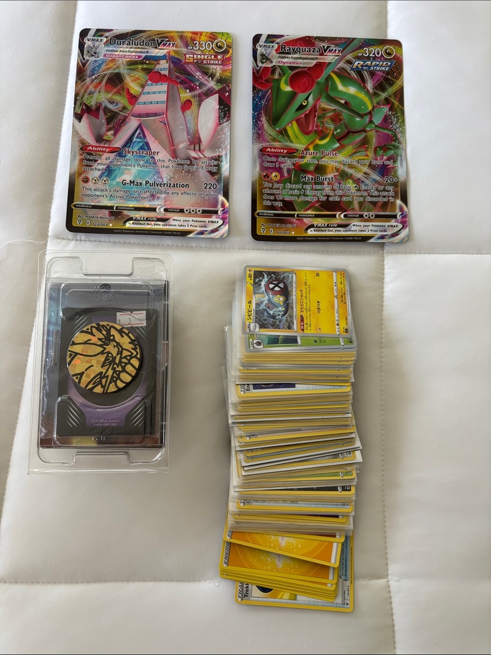 Trading Card Game Lot with Rayquaza & Duraludon VMAX Holo Cards - Yellow